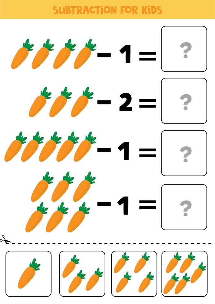 planilha educacional para crianças. subtração para crianças com cenouras. jogo de matemática para crianças pré-escolares. vetor