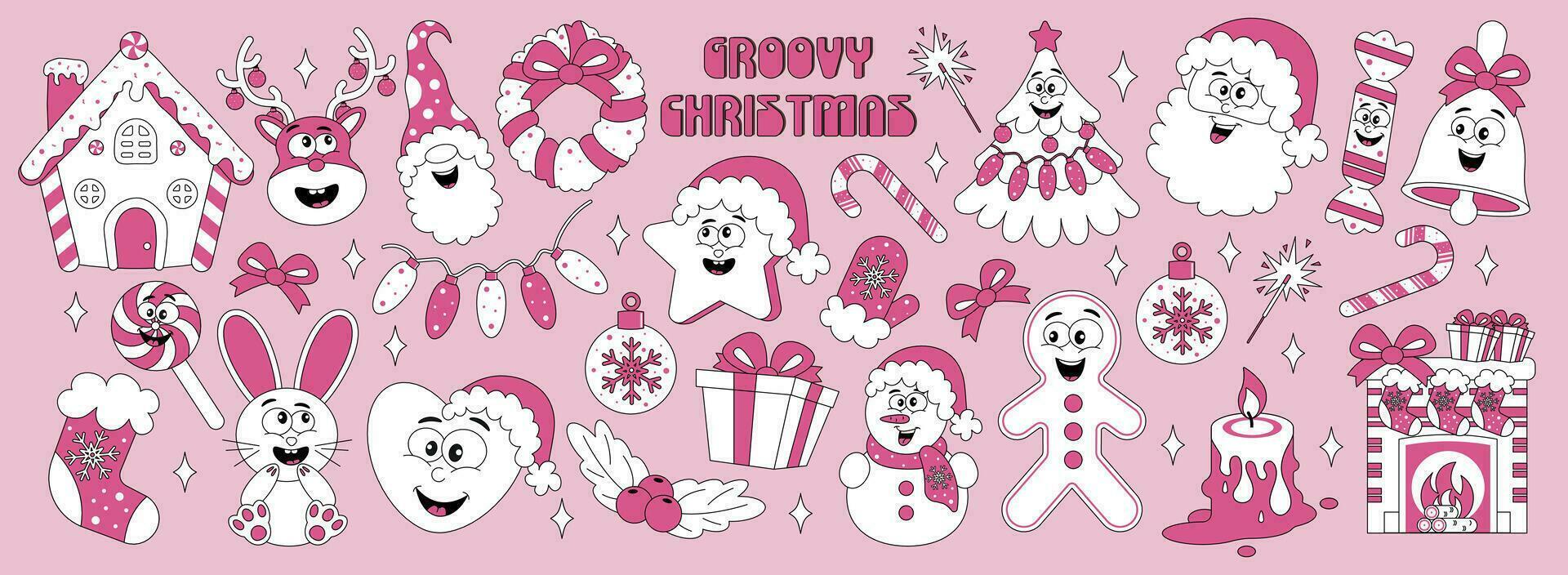 conjunto do adesivos com retro desenho animado personagens Novo ano, Natal. vetor ilustração dentro Rosa cores dentro anos 80, anos 90 estilo.
