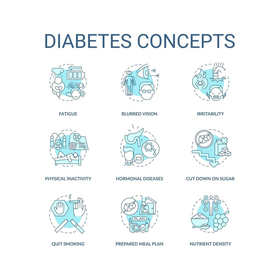 conjunto de ícones do conceito de diabetes. problemas de saúde. problemas de saúde de doenças. dieta especial para pessoas doentes. ilustração de cores de linha fina de ideia de alimentação saudável. desenhos de contorno isolados de vetor. curso editável vetor