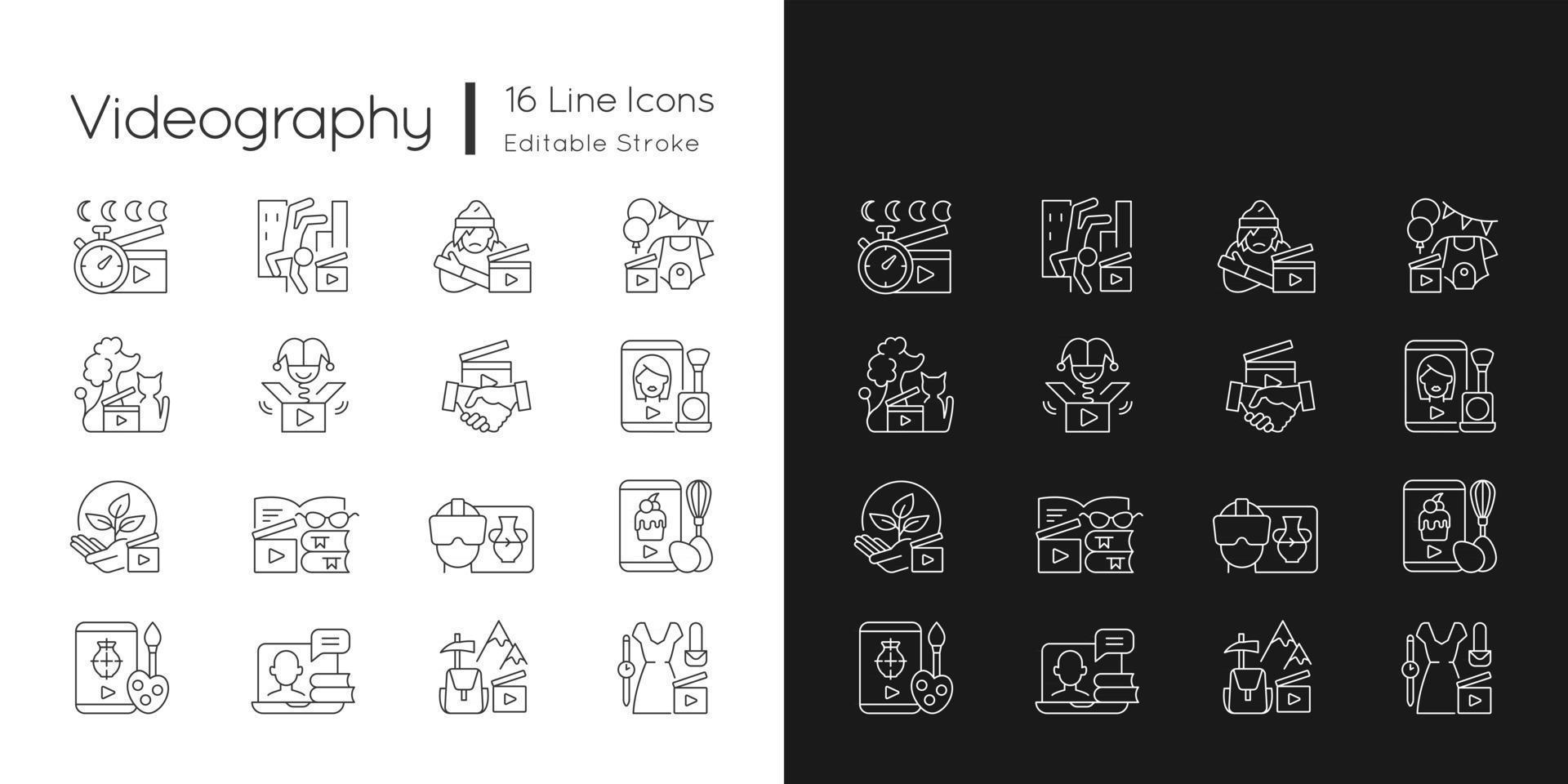 ícones lineares de videografia definidos para o modo escuro e claro. filmagens de negócios. aulas online para educação. símbolos personalizáveis de linha fina. ilustrações isoladas de contorno vetorial. curso editável vetor