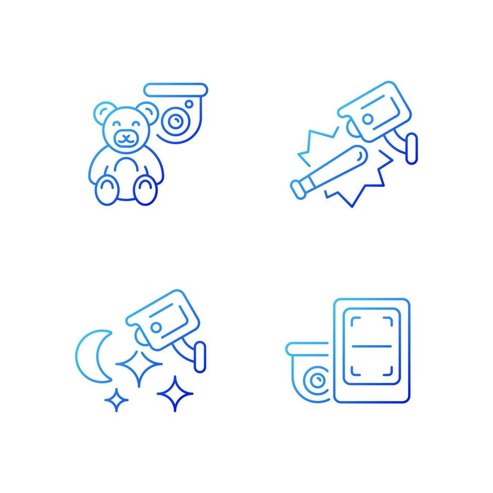 solução de monitoramento de segurança conjunto de ícones do vetor linear gradiente. proteção de crianças. segurança Pública. acesso sem fio. feixe de símbolos de contorno de linha fina. coleção de ilustrações de contorno vetorial isolado