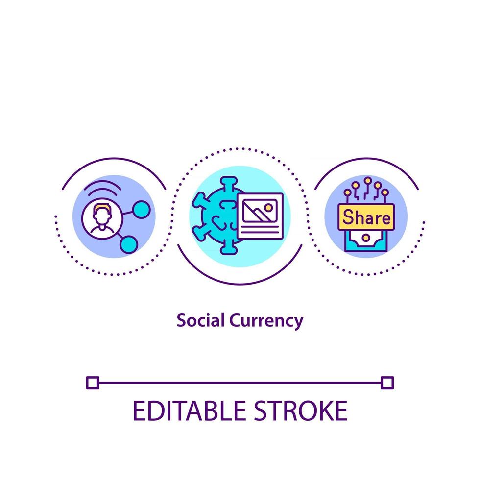 ícone do conceito de moeda social. recursos de redes sociais. pesquisa de cliente. produto anúncio idéia abstrata ilustração linha fina. desenho de cor de contorno isolado vetor. curso editável vetor