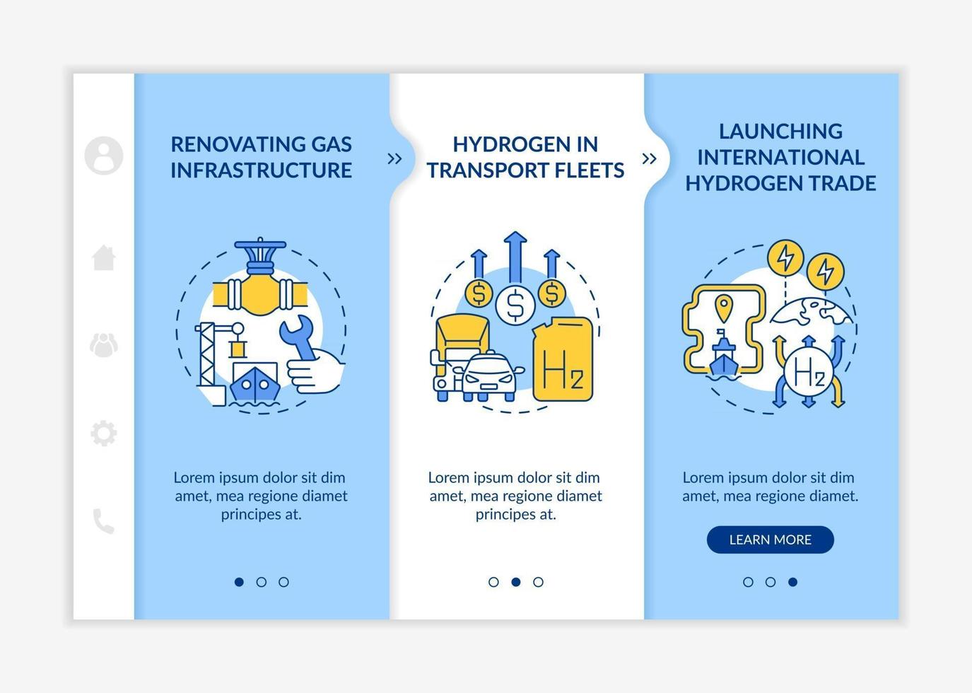 modelo de vetor integração de promoção de energia verde. site móvel responsivo com ícones. passo a passo da página da web telas de 3 etapas. renovando o conceito de cores da infraestrutura de gás com ilustrações lineares