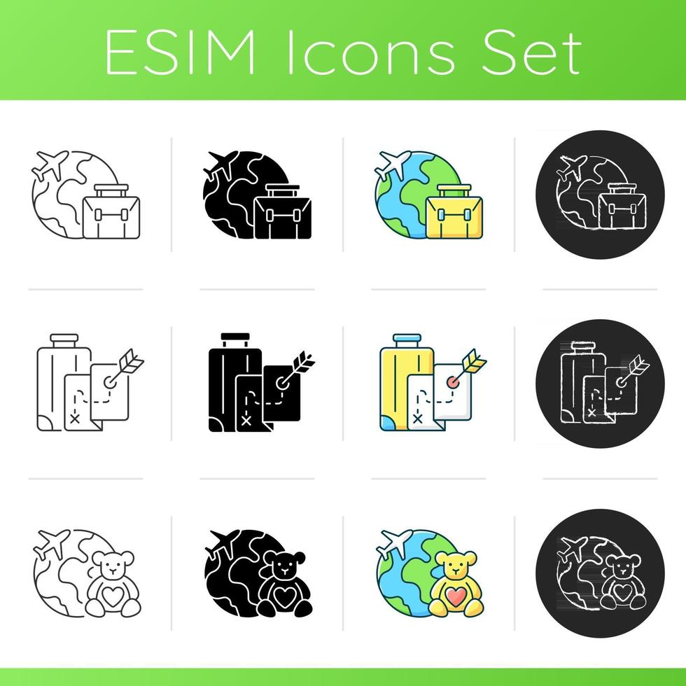 tipos de conjunto de ícones de viagens. viagem de negócios. reunião corporativa no exterior. nenhum tour de destino. turismo de orfanato. férias em família. estilos de cor linear, preto e rgb. ilustrações vetoriais isoladas vetor
