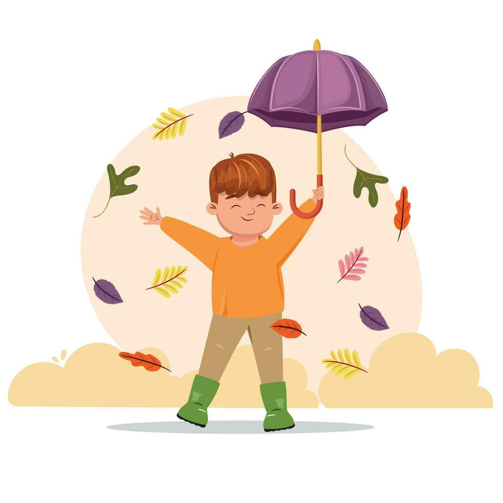 colorida desenho animado ilustração do uma Garoto dentro gumboots segurando a guarda-chuva, sorridente e desfrutando outono. vetor