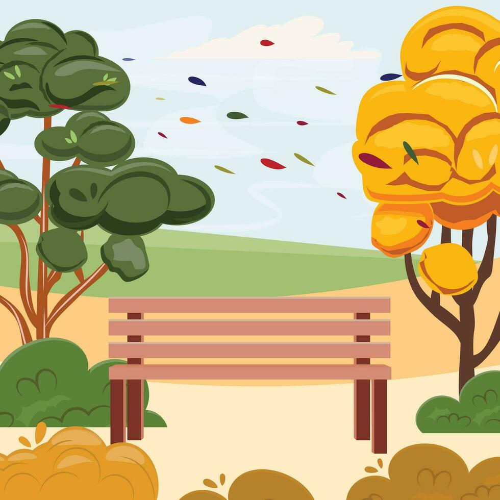 outono ilustração com amarelo orangotango árvores e uma de madeira Banco dentro a meio. outono fundo vetor