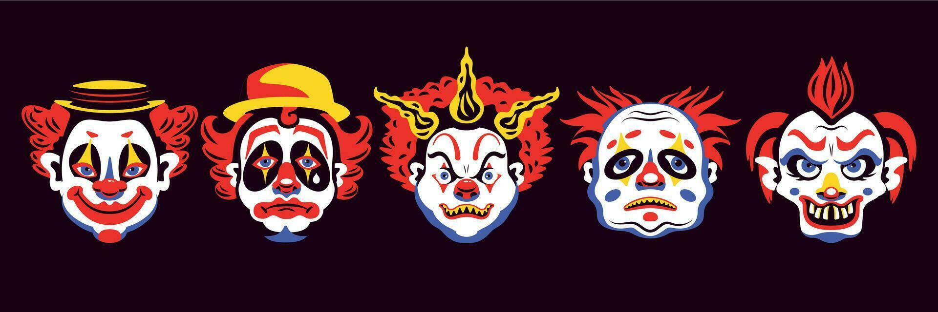 Rostos Assustadores Palhaço Máscaras Vetor Funster Com Maquiagem Nariz  Vermelho imagem vetorial de Seamartini© 419918958