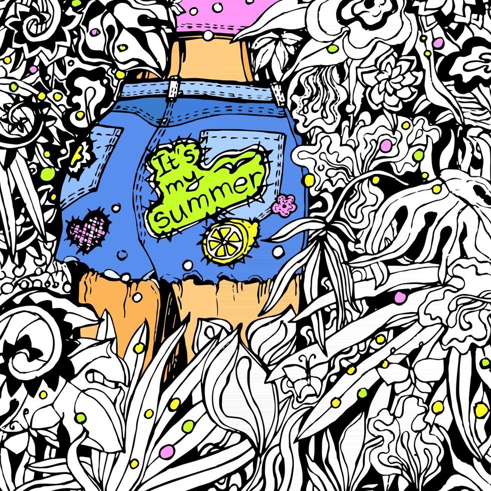 ilustração gráfica colorida de jovem na selva. coloração anti-stress. vetor