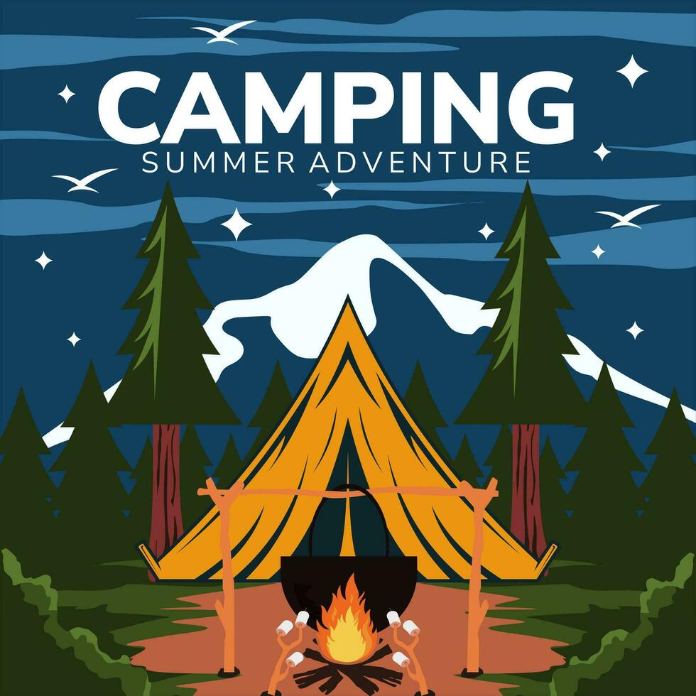 acampamento verão aventura folheto ao ar livre lazer com barraca fogueira vetor ilustração