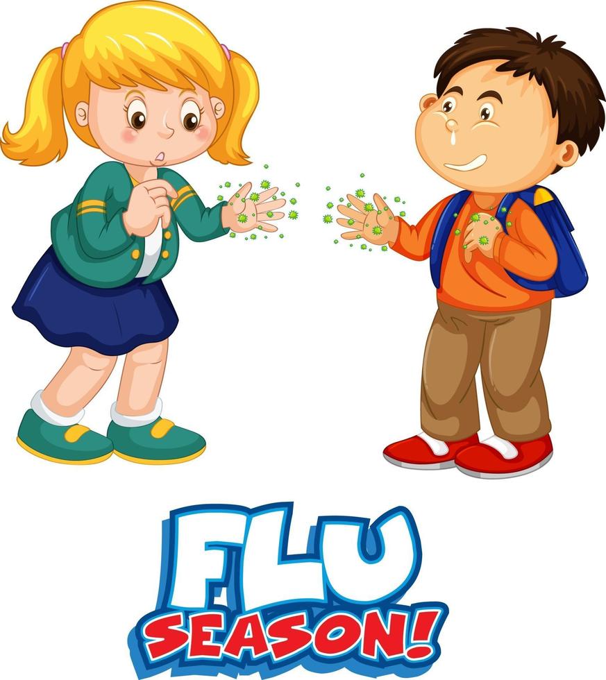 personagem de desenho animado de duas crianças não mantém distância social com a fonte da temporada de gripe isolada no fundo branco vetor