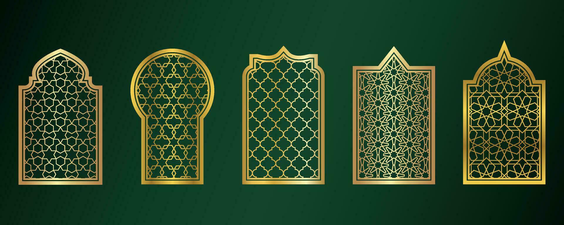 dourado amada janelas. islâmico porta quadros com ornamento. árabe mesquita arco em verde fundo. islâmico vetor decoração