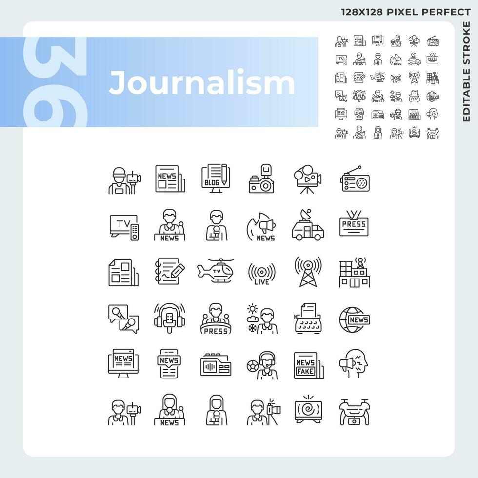 pixel perfeito Preto ícones conjunto representando jornalismo, editável fino linha ilustração. vetor