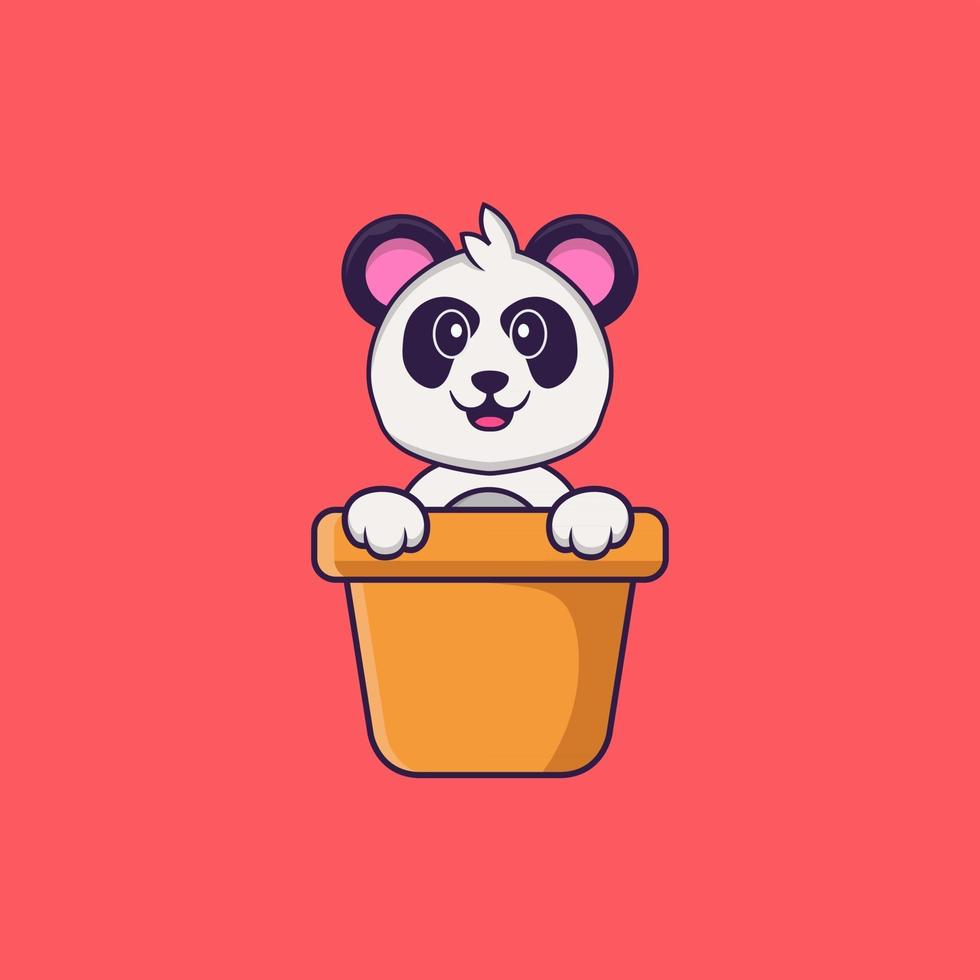 panda bonito em um vaso de flores. conceito de desenho animado animal isolado. pode ser usado para t-shirt, cartão de felicitações, cartão de convite ou mascote. estilo cartoon plana vetor