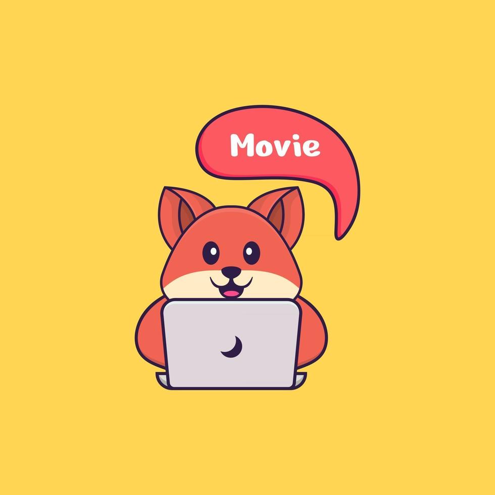 raposa bonita está assistindo a um filme. conceito de desenho animado animal isolado. pode ser usado para t-shirt, cartão de felicitações, cartão de convite ou mascote. estilo cartoon plana vetor