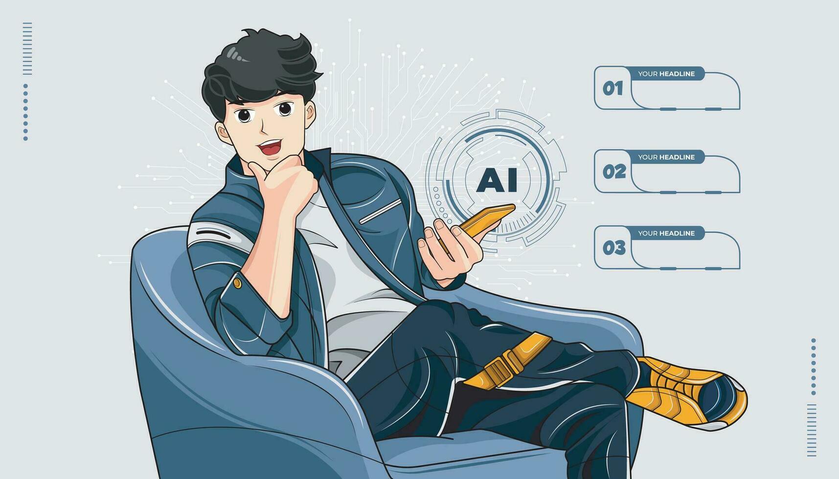 uma homem é relaxante em uma acolhedor sofá e mostrando artificial inteligência circuitos dentro a forma do a ícone. vetor ilustração pró baixar