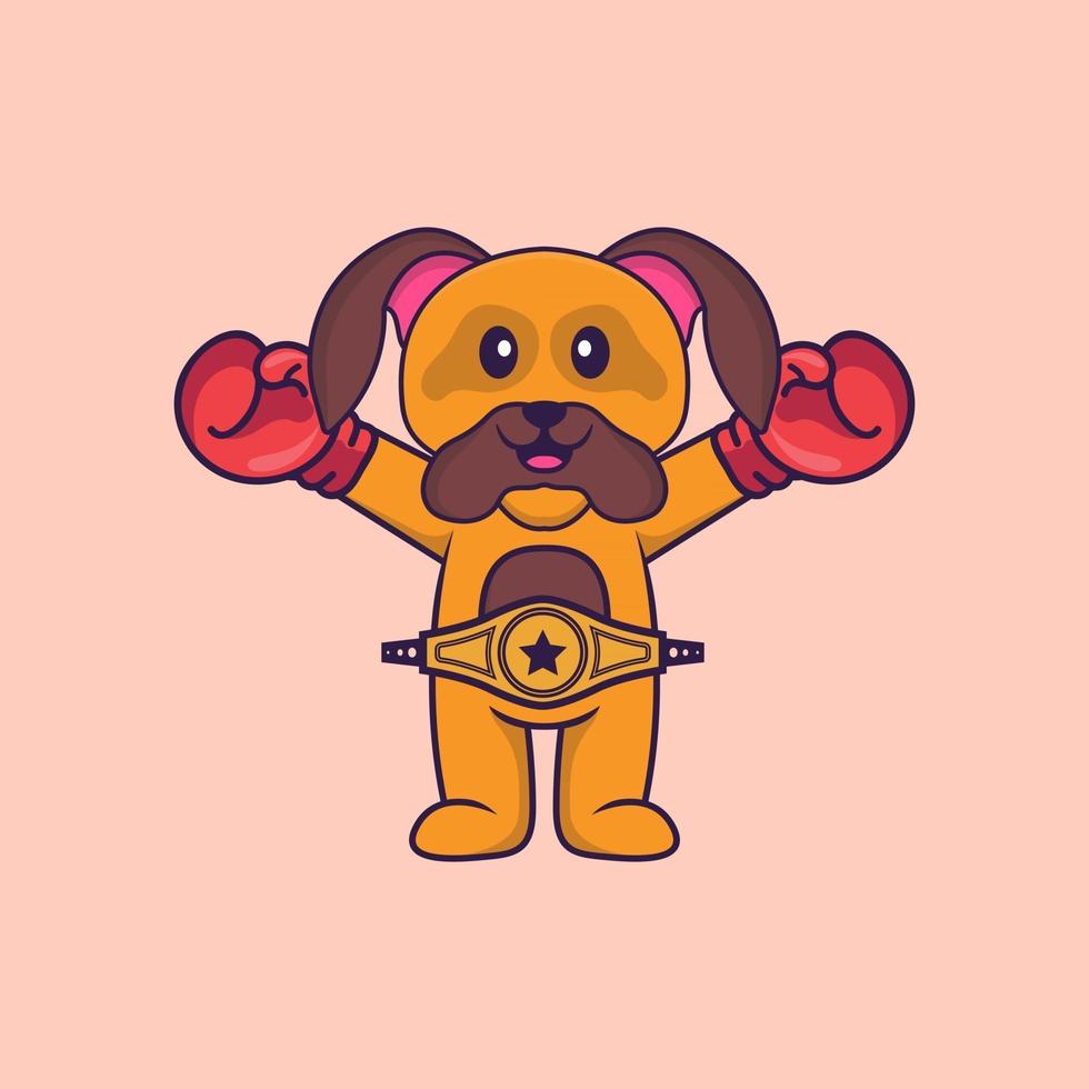 cão fofo em traje de boxer com cinto de campeão. conceito de desenho animado animal isolado. pode ser usado para t-shirt, cartão de felicitações, cartão de convite ou mascote. estilo cartoon plana vetor