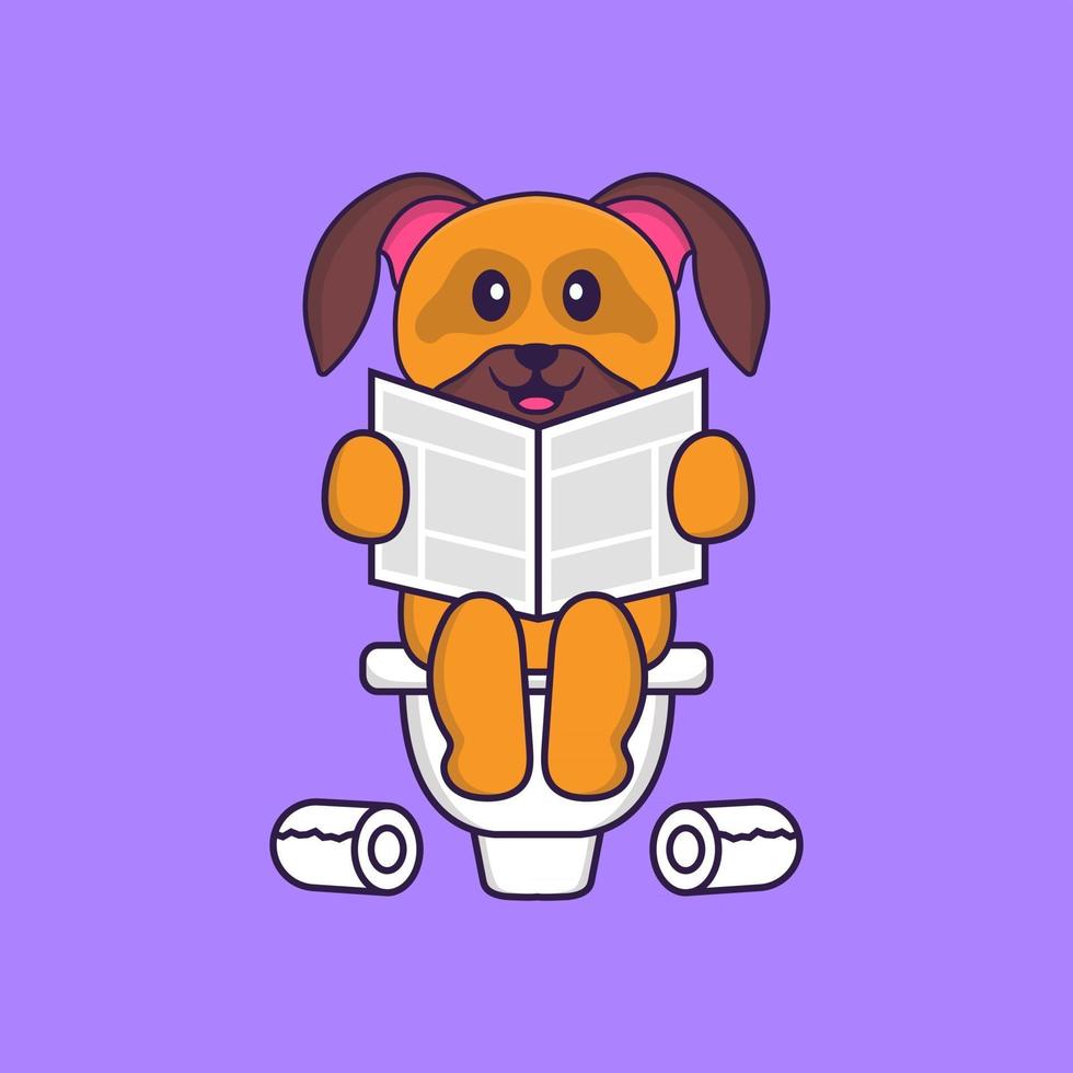 lindo cachorro fazendo cocô no banheiro e lendo jornal. conceito de desenho animado animal isolado. pode ser usado para t-shirt, cartão de felicitações, cartão de convite ou mascote. estilo cartoon plana vetor