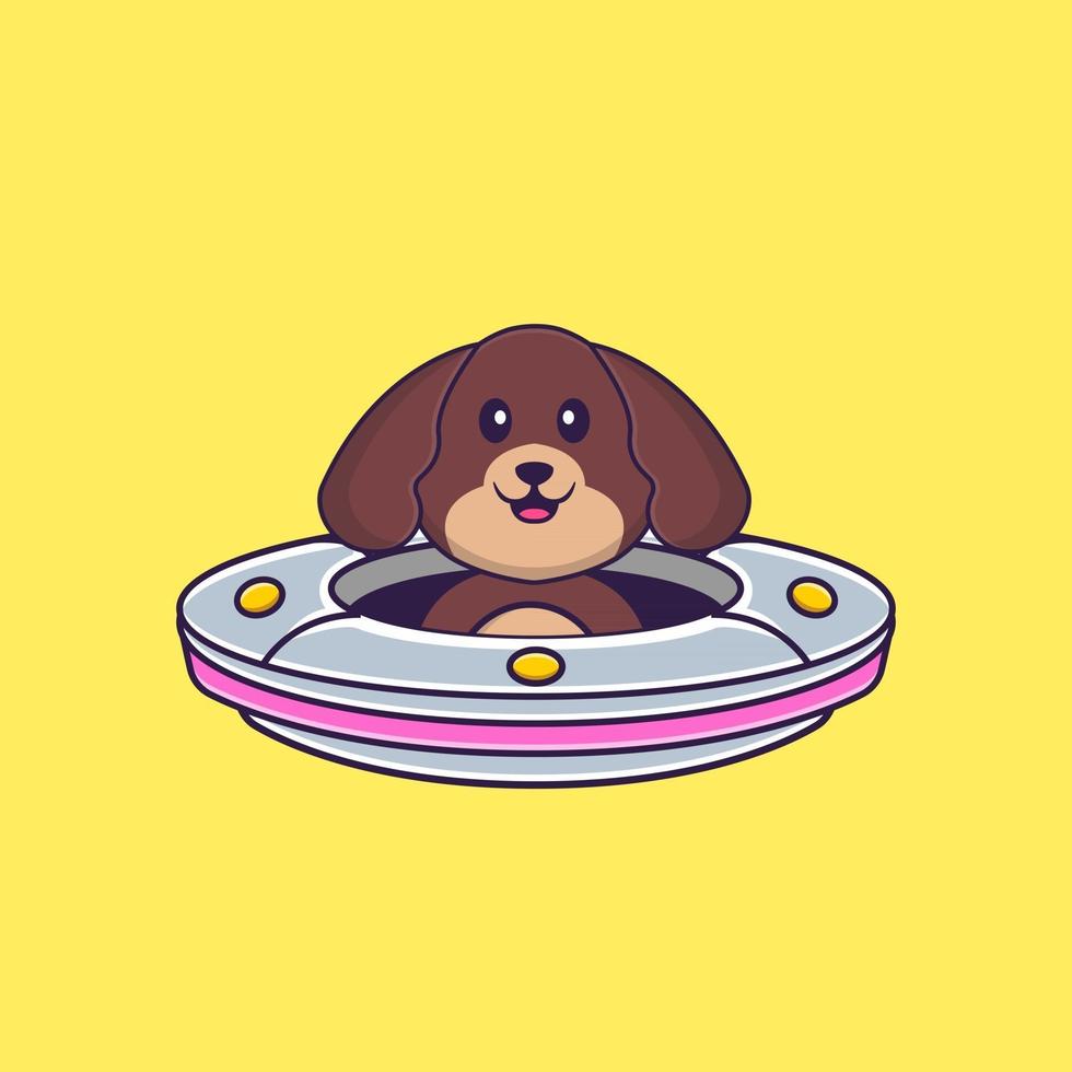 lindo cachorro dirigindo a nave espacial ufo. conceito de desenho animado animal isolado. pode ser usado para t-shirt, cartão de felicitações, cartão de convite ou mascote. estilo cartoon plana vetor