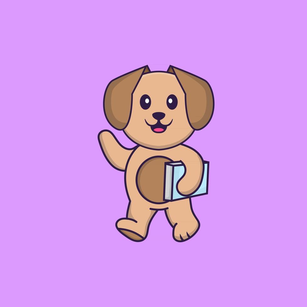 cachorro bonito segurando um livro. conceito de desenho animado animal isolado. pode ser usado para t-shirt, cartão de felicitações, cartão de convite ou mascote. estilo cartoon plana vetor