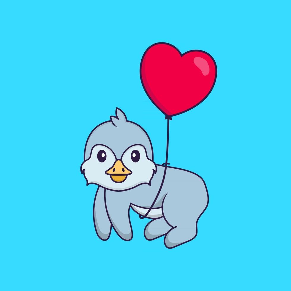 pássaro bonito voando com balões em forma de amor. conceito de desenho animado animal isolado. pode ser usado para t-shirt, cartão de felicitações, cartão de convite ou mascote. estilo cartoon plana vetor