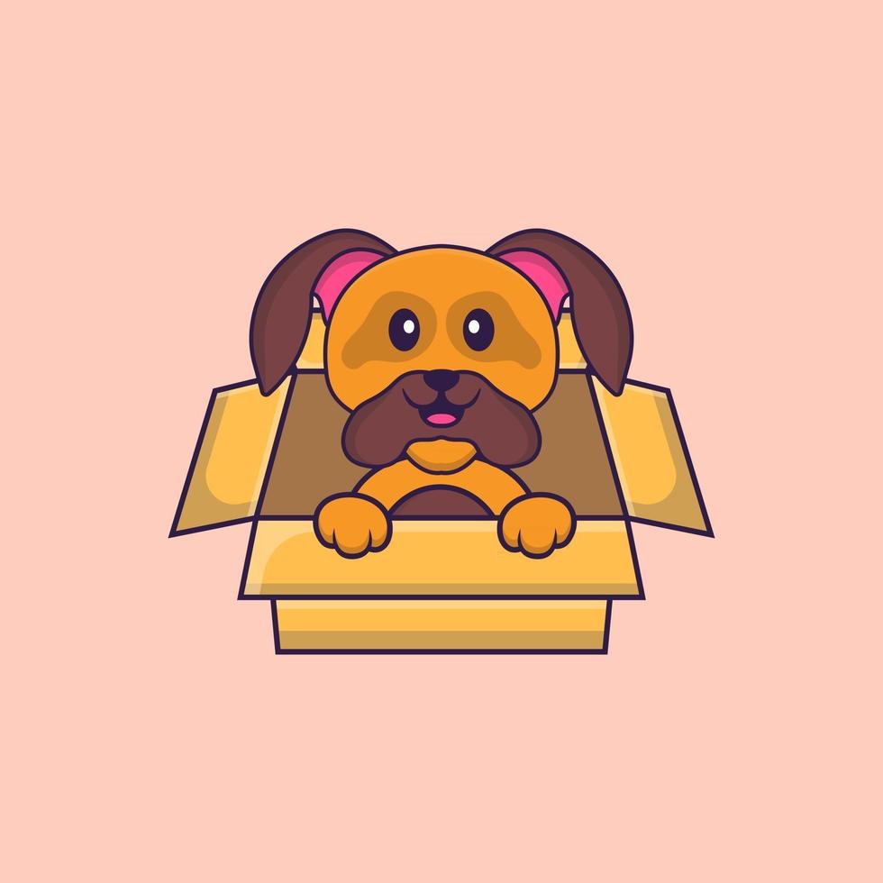 cachorro bonito brincando na caixa. conceito de desenho animado animal isolado. pode ser usado para t-shirt, cartão de felicitações, cartão de convite ou mascote. estilo cartoon plana vetor