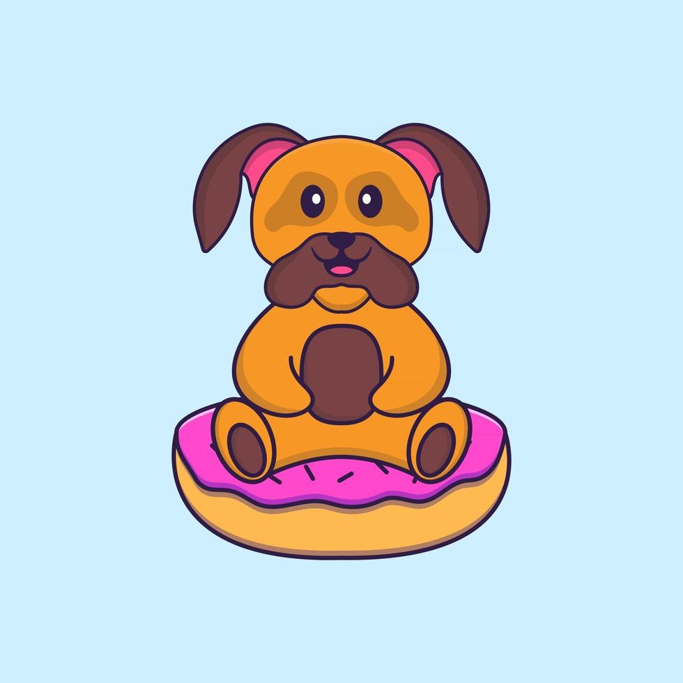 cachorro bonito está sentado em donuts. conceito de desenho animado animal isolado. pode ser usado para t-shirt, cartão de felicitações, cartão de convite ou mascote. estilo cartoon plana vetor