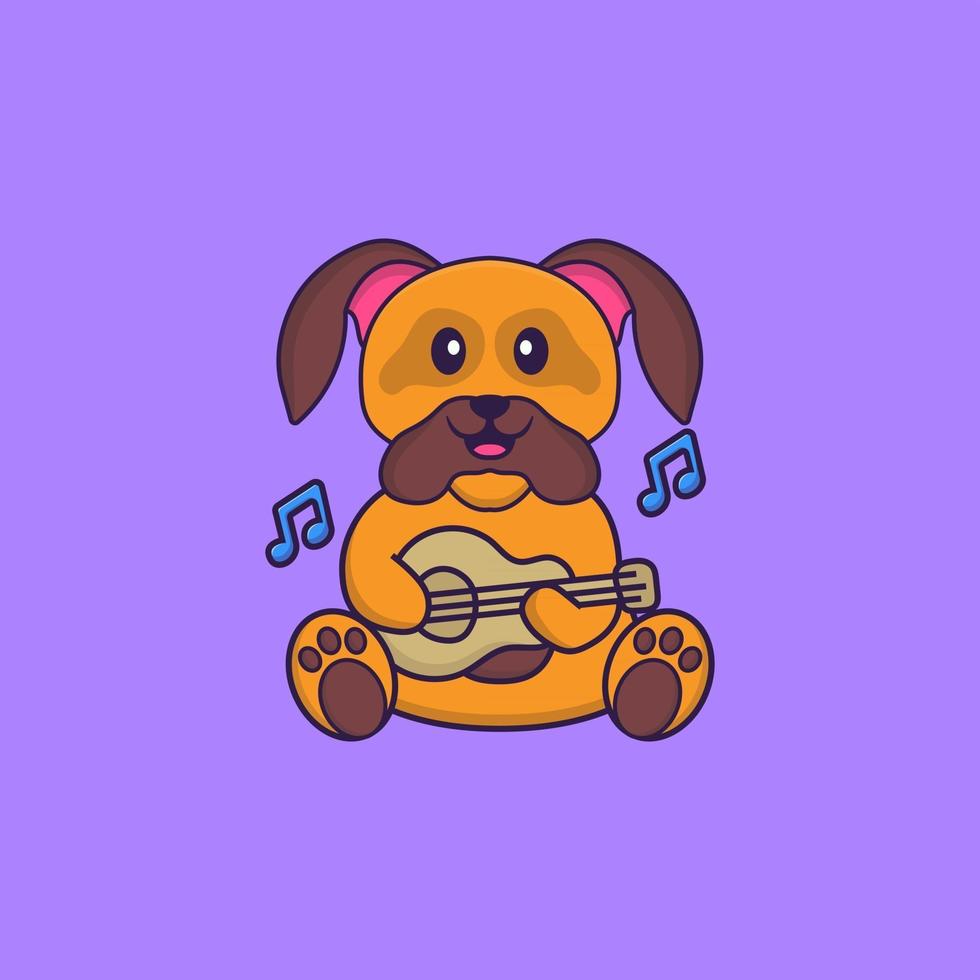 lindo cachorro tocando violão. conceito de desenho animado animal isolado. pode ser usado para t-shirt, cartão de felicitações, cartão de convite ou mascote. estilo cartoon plana vetor