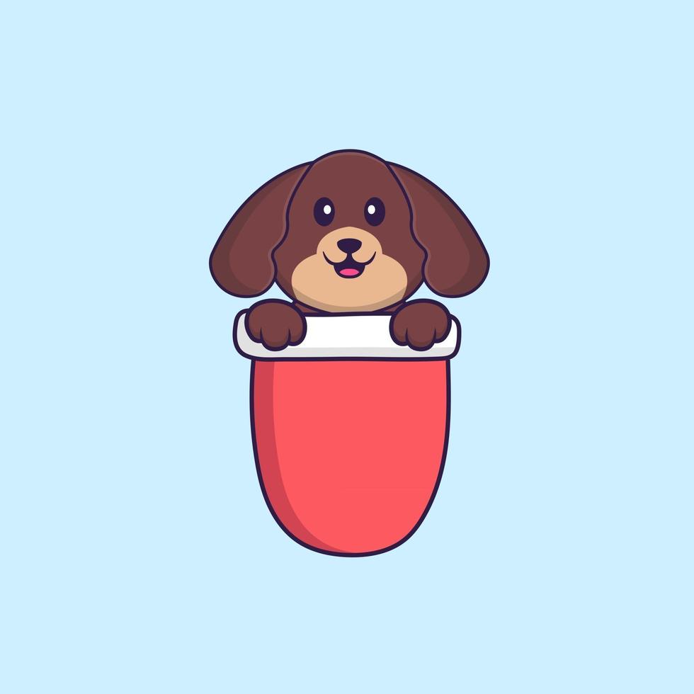 cachorro bonito no bolso vermelho. conceito de desenho animado animal isolado. pode ser usado para t-shirt, cartão de felicitações, cartão de convite ou mascote. estilo cartoon plana vetor