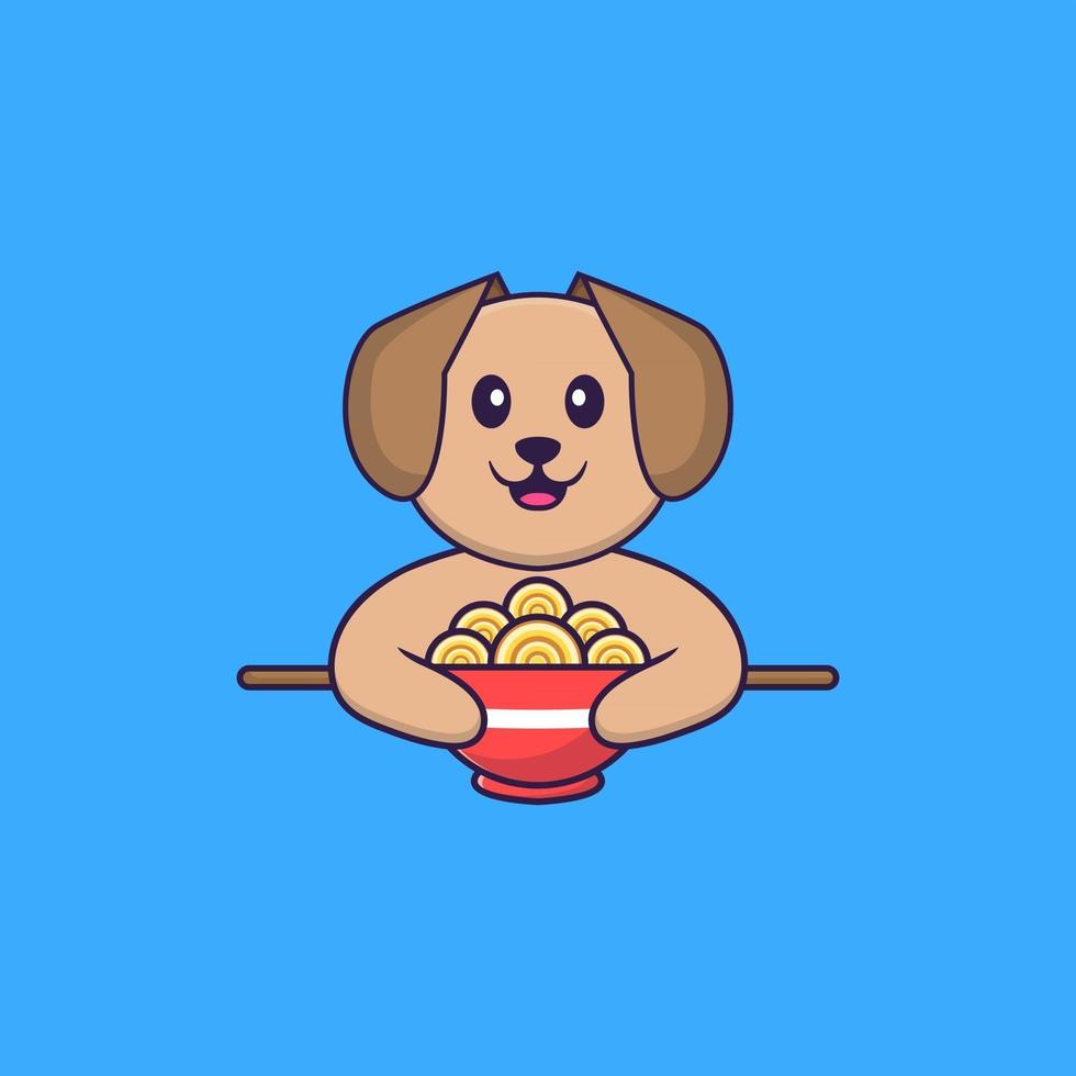 cachorro bonito comendo macarrão ramen. conceito de desenho animado animal isolado. pode ser usado para t-shirt, cartão de felicitações, cartão de convite ou mascote. estilo cartoon plana vetor