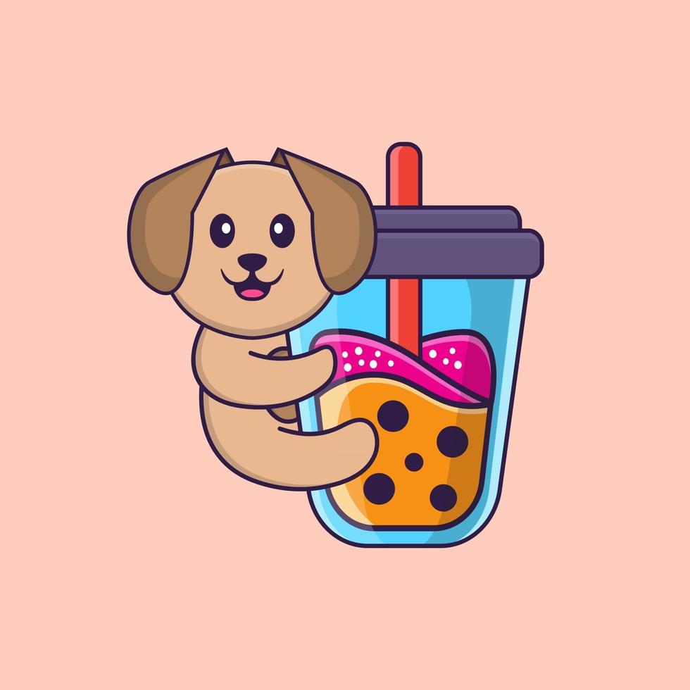 lindo cachorro bebendo chá de leite de boba. conceito de desenho animado animal isolado. pode ser usado para t-shirt, cartão de felicitações, cartão de convite ou mascote. estilo cartoon plana vetor