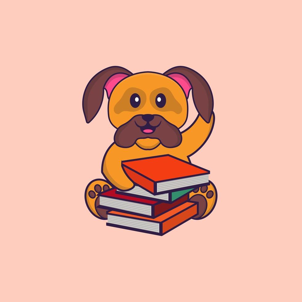 cachorro bonito lendo um livro. conceito de desenho animado animal isolado. pode ser usado para t-shirt, cartão de felicitações, cartão de convite ou mascote. estilo cartoon plana vetor