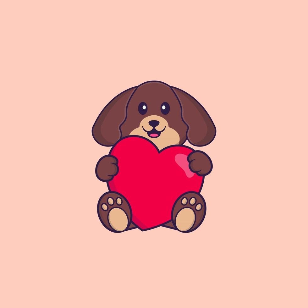 cachorro bonito segurando um grande coração vermelho. conceito de desenho animado animal isolado. pode ser usado para t-shirt, cartão de felicitações, cartão de convite ou mascote. estilo cartoon plana vetor