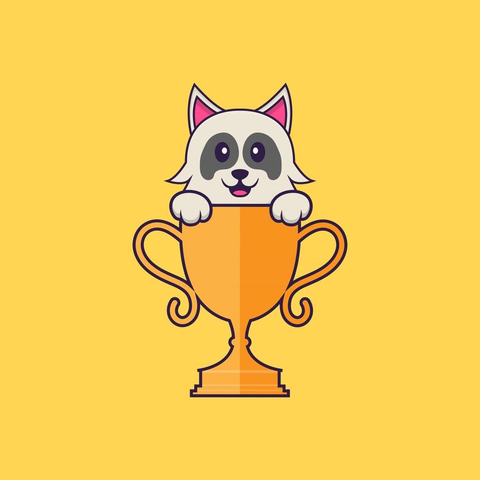 cachorro bonito com troféu de ouro. conceito de desenho animado animal isolado. pode ser usado para t-shirt, cartão de felicitações, cartão de convite ou mascote. estilo cartoon plana vetor