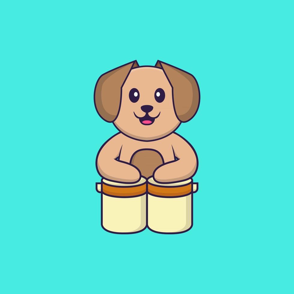 cachorro bonito está tocando bateria. conceito de desenho animado animal isolado. pode ser usado para t-shirt, cartão de felicitações, cartão de convite ou mascote. estilo cartoon plana vetor