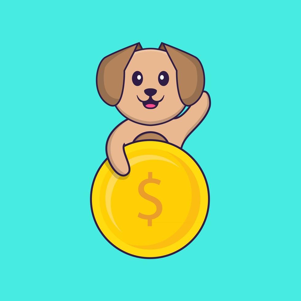 cachorro bonito segurando moedas. conceito de desenho animado animal isolado. pode ser usado para t-shirt, cartão de felicitações, cartão de convite ou mascote. estilo cartoon plana vetor