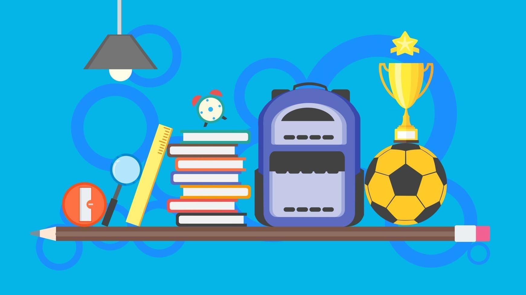 de volta ao fundo do pôster da escola. aprendendo o conceito de banner com mochila, pilha de livros, bola de futebol, lápis, troféu, régua e item de educação. ilustração em vetor design plano.