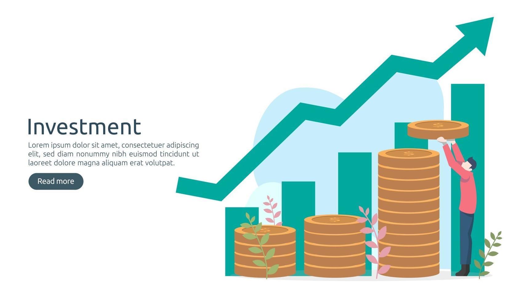 conceito de investimento empresarial. moeda de pilha de dólar, pessoas minúsculas, objeto de dinheiro. aumento gráfico gráfico. crescimento financeiro ascendendo ao sucesso. ilustração em vetor modelo de página de destino moderno design plano