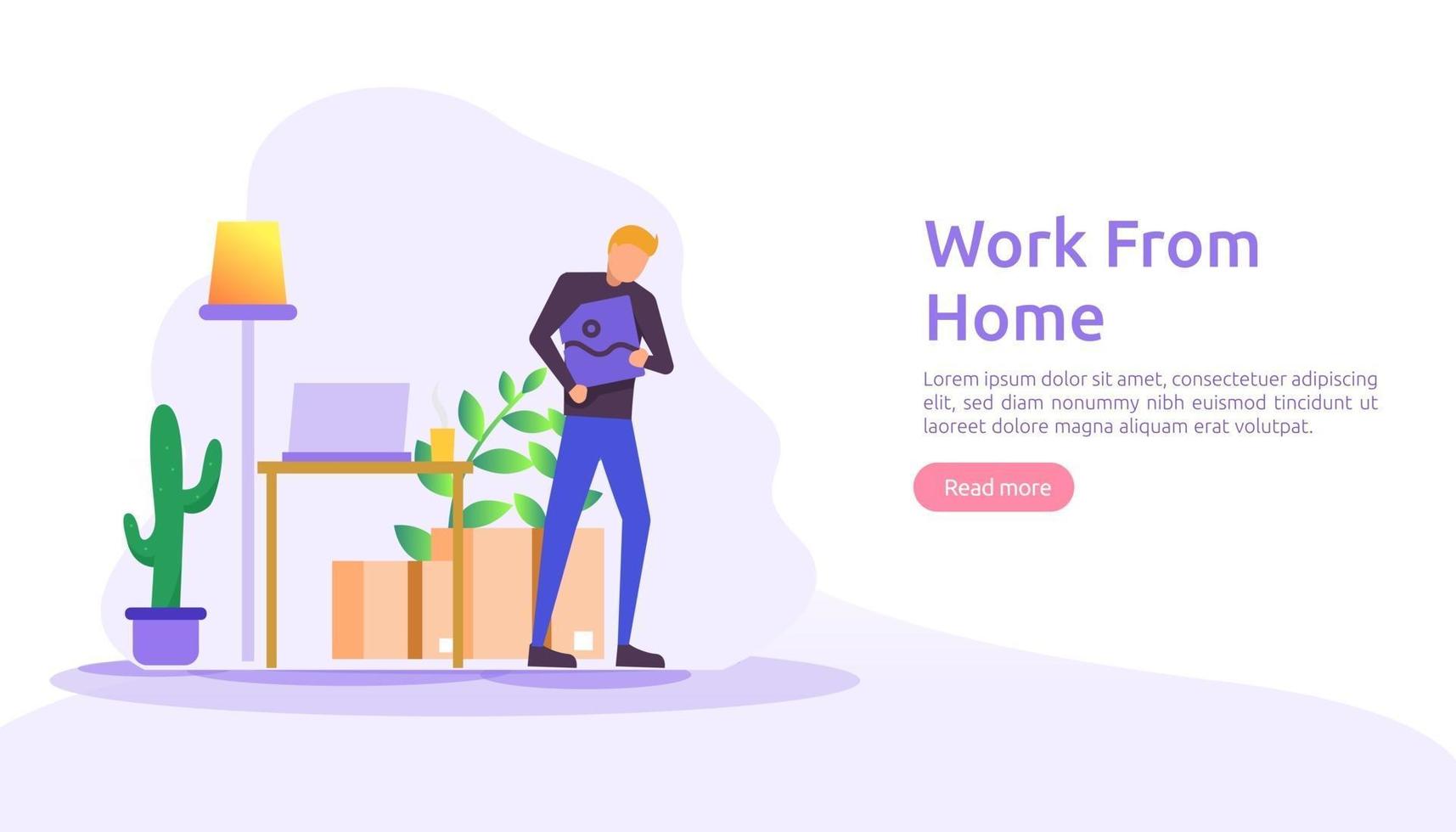 trabalhar em casa, design de conceito de espaço de coworking. freelance sentado na mesa, trabalhando em um laptop em casa com personagens para página de destino da web, banner, apresentação, social, cartaz, anúncio ou mídia impressa vetor