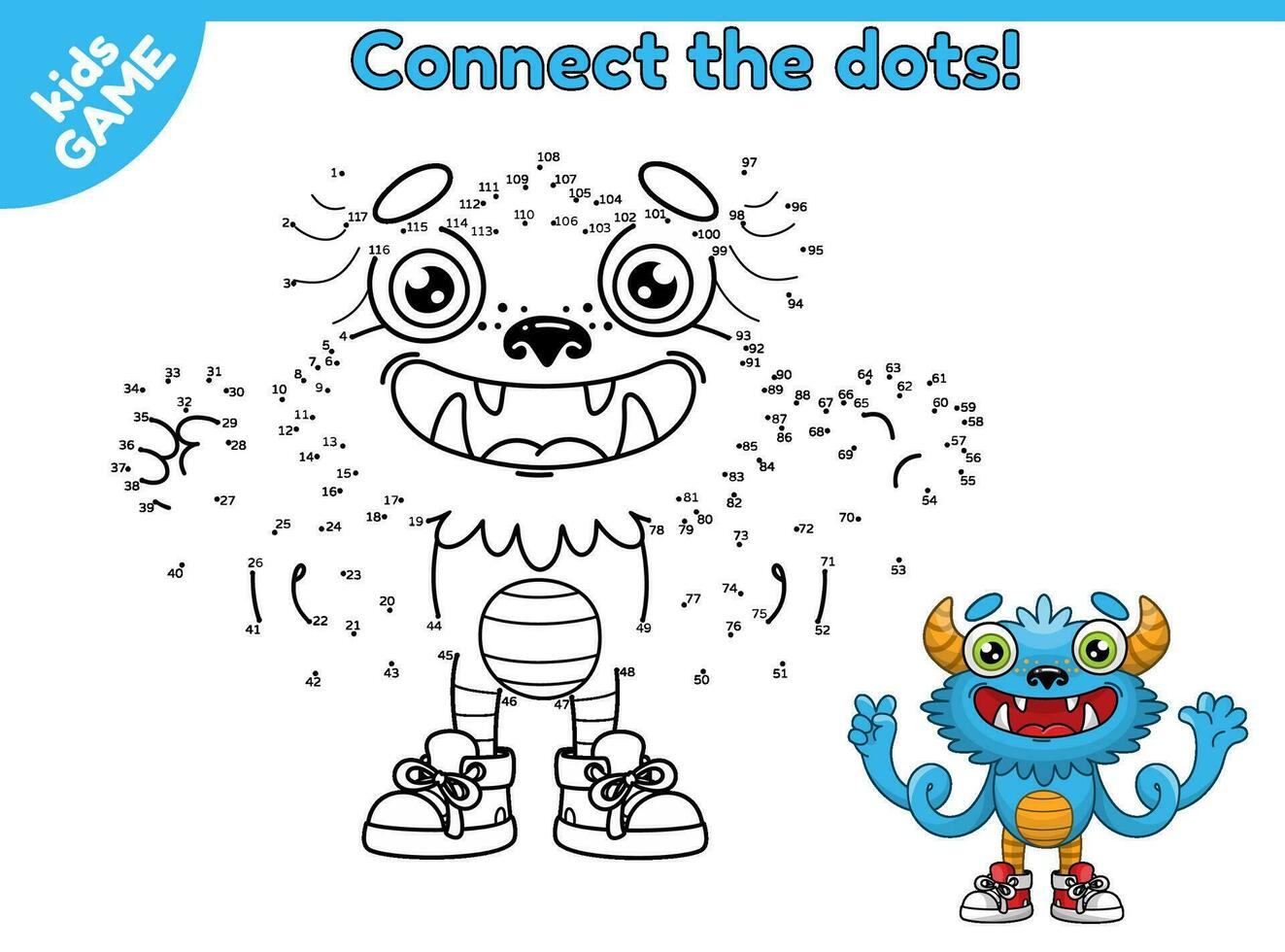 ponto para ponto jogos para crianças. conectar a pontos e desenhar uma desenho animado monstro. página do atividade livro para crianças. educacional enigma para pré escola e escola Educação. vetor ilustração do engraçado mutante.