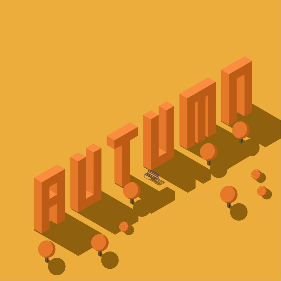 estação de outono ilustração isométrica saudação com perspectiva diferente de laranjeira e madeira vetor