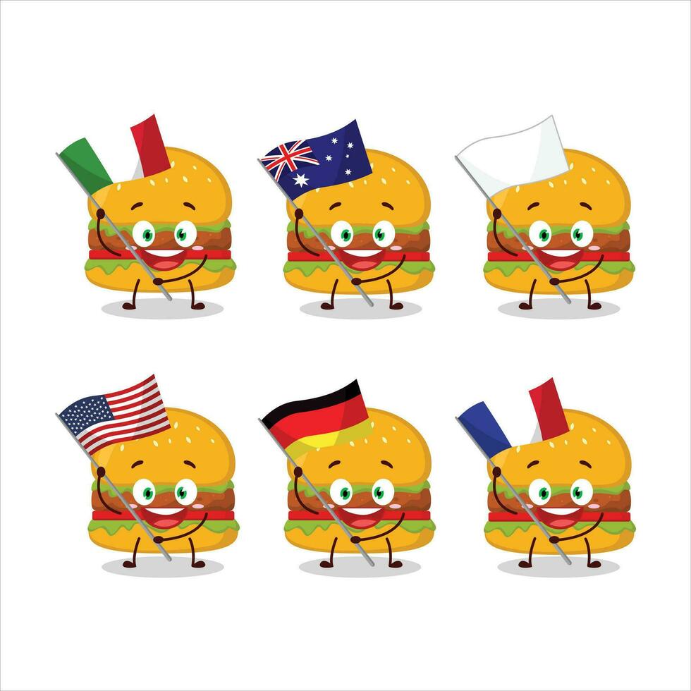 Hamburger desenho animado personagem trazer a bandeiras do vários países vetor