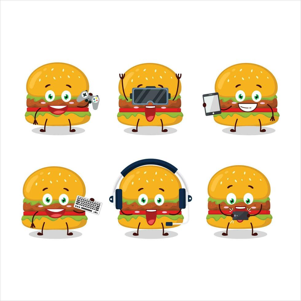 Hamburger desenho animado personagem estão jogando jogos com vários fofa emoticons vetor