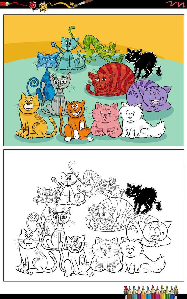 desenho animado colorida gatos e gatinhos personagens grupo coloração página vetor