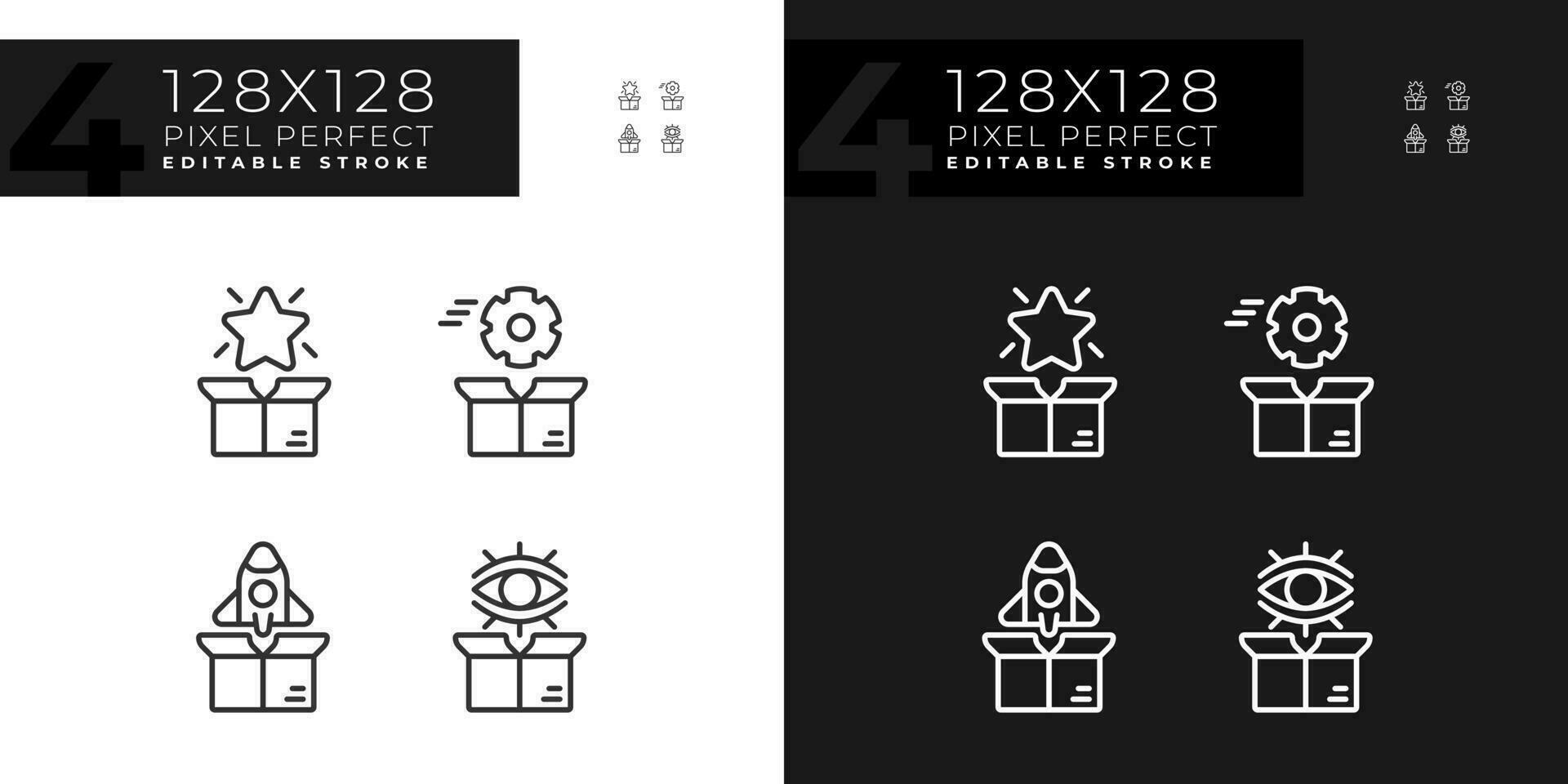 pixel perfeito ícones conjunto para Sombrio e luz modo representando produtos gerenciamento, editável branco fino linha ilustração. vetor