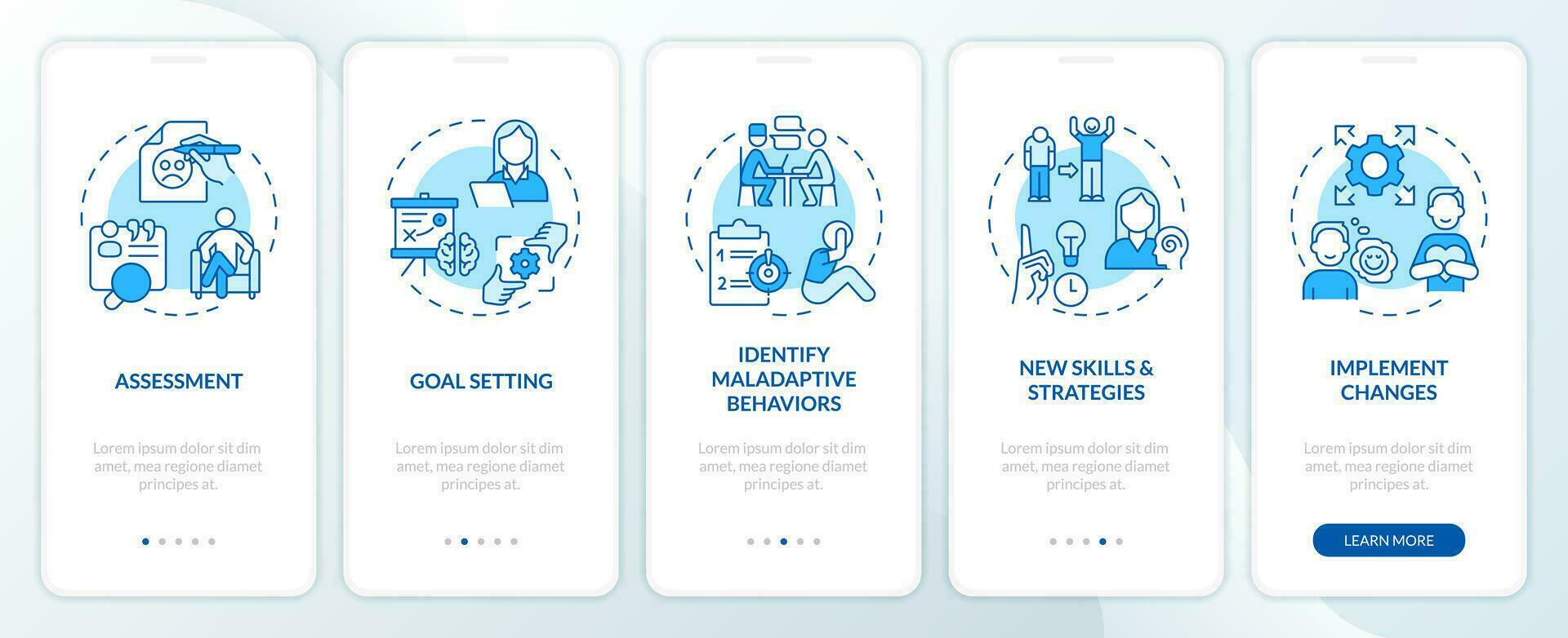 2d ícones representando comportamental terapia Móvel aplicativo tela definir. passo a passo 5 passos azul gráfico instruções com fino linha ícones conceito, interface do usuário, ux, gui modelo. vetor