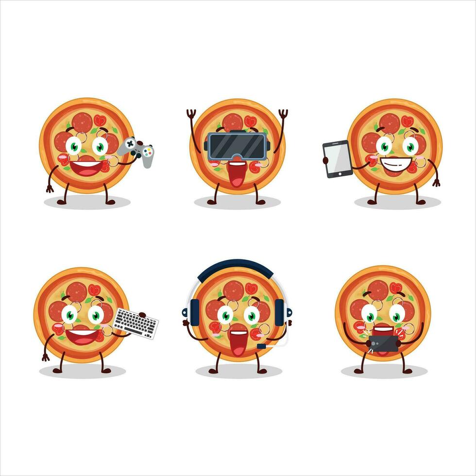 carne pizza desenho animado personagem estão jogando jogos com vários fofa emoticons vetor