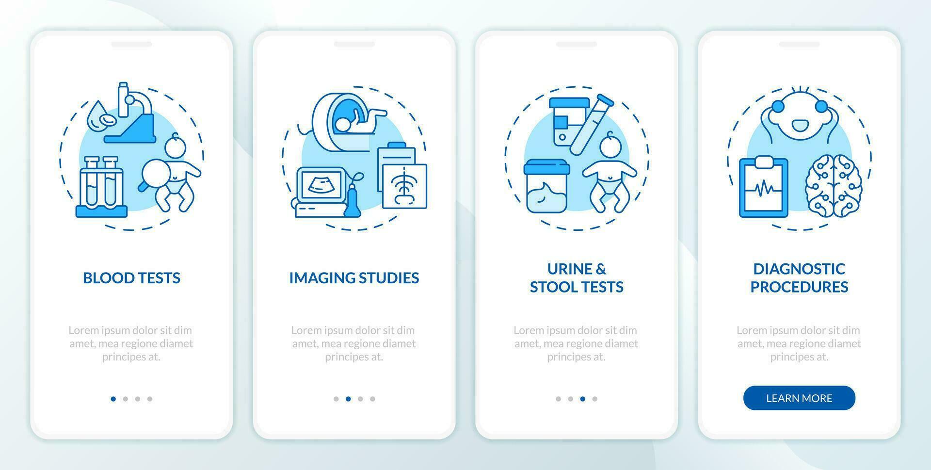 diagnóstico procedimentos para crianças azul onboarding Móvel aplicativo tela. passo a passo 4 passos editável gráfico instruções com linear conceitos. interface do usuário, ux, gui modelo vetor