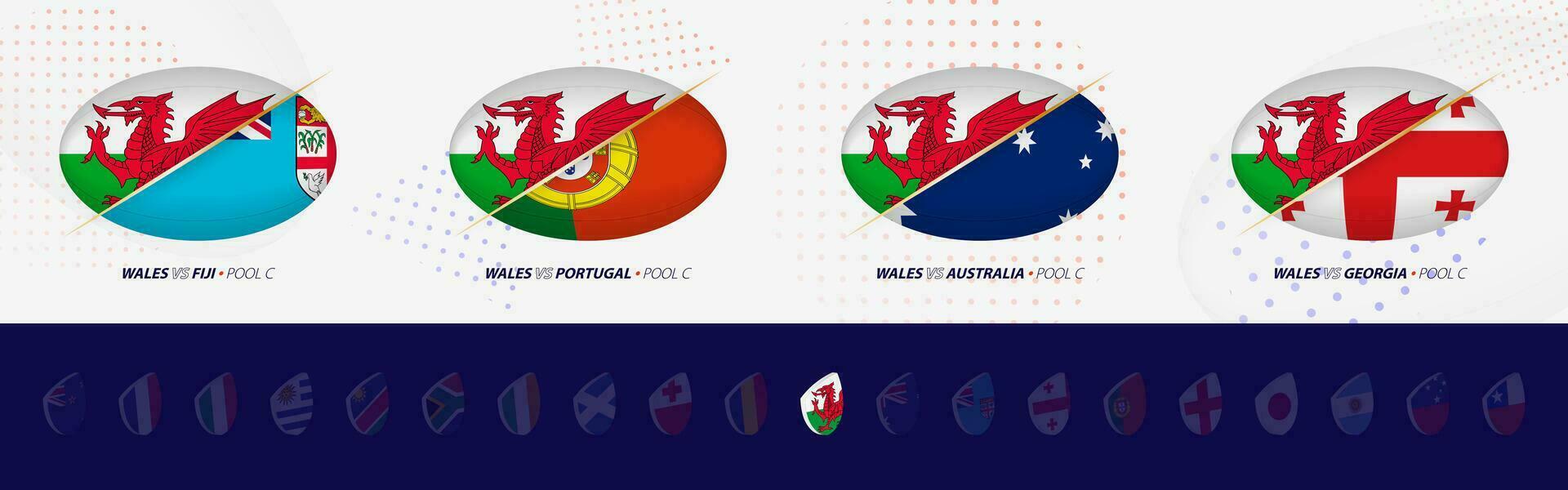 rúgbi concorrência ícones do país de gales rúgbi nacional equipe, todos quatro fósforos ícone dentro piscina. vetor