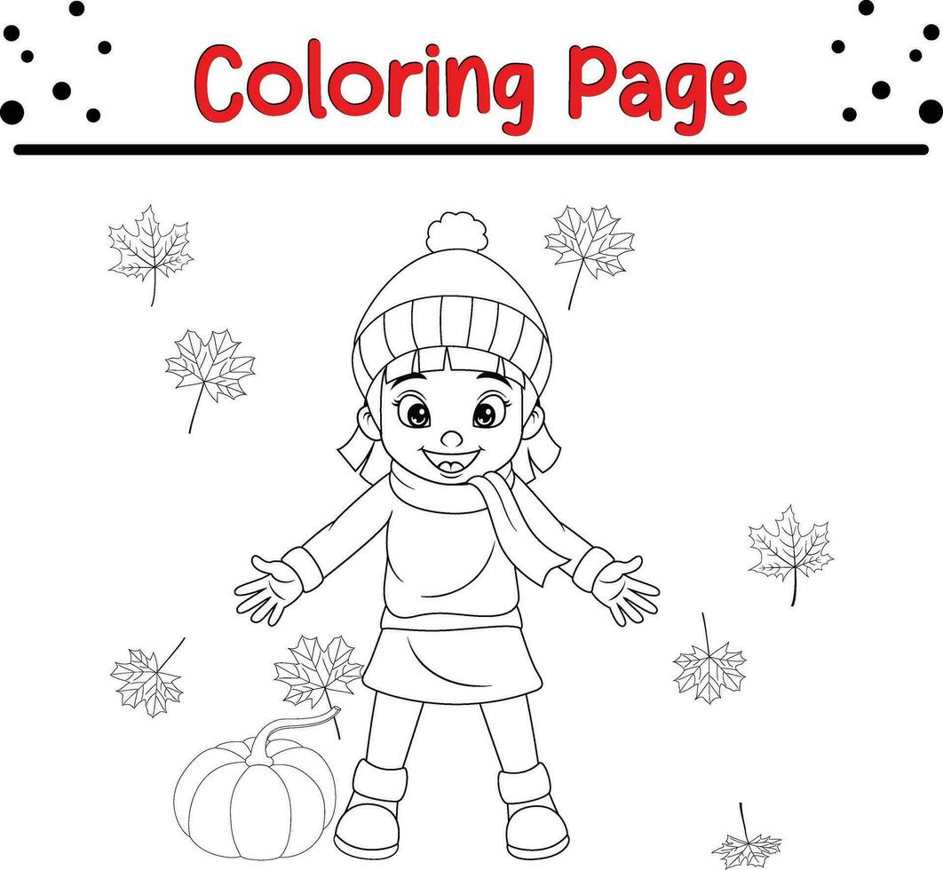 Ação de graças coloração página para crianças. vetor desenho animado crianças jogando outono folhas