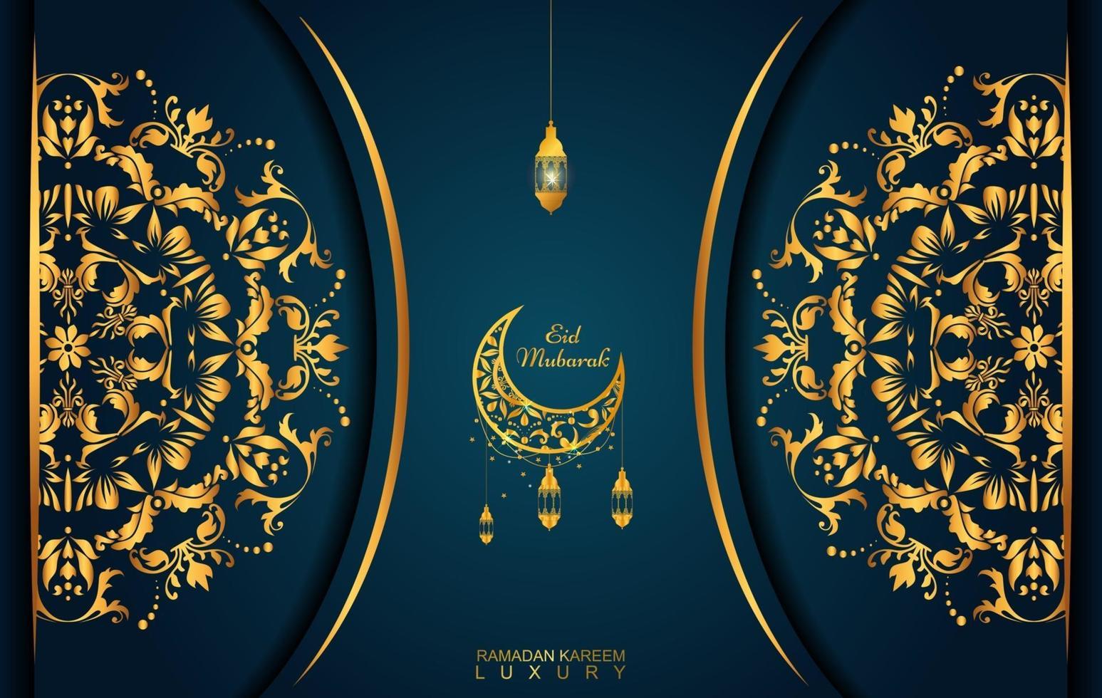 Ramadan Kareem em estilo de luxo com caligrafia árabe. Mandala dourada de luxo em fundo azul escuro vetor